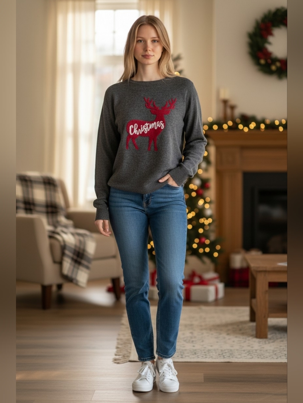 Royce Brand Christmas Reindeer Sweater Large Gray Red Holiday Pullover